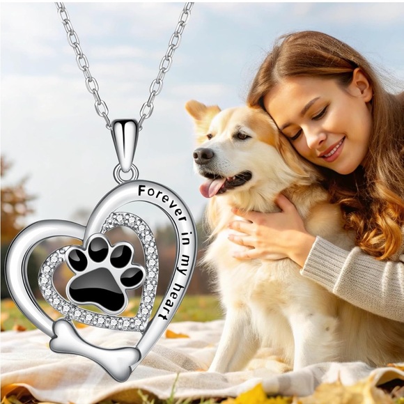 14k Gold Heart Diamond Paw Print Dog Bone Necklace - Picture 9 of 11